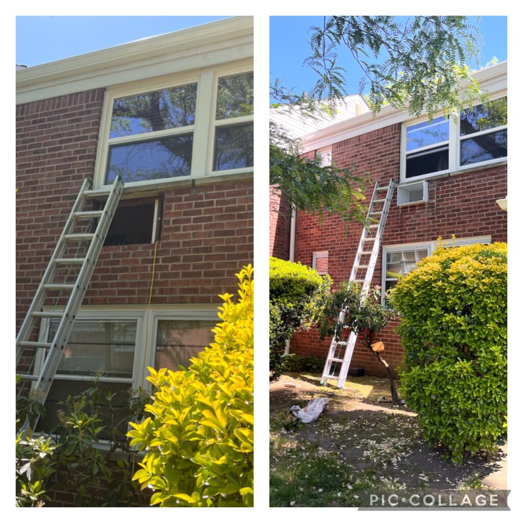 Collage showing two exterior views of a brick house with ladders set up for window or AC unit installation, surrounded by shrubs and trees.